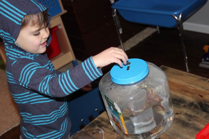 young boy dropping a coin into jar of water for a presidents' day activity