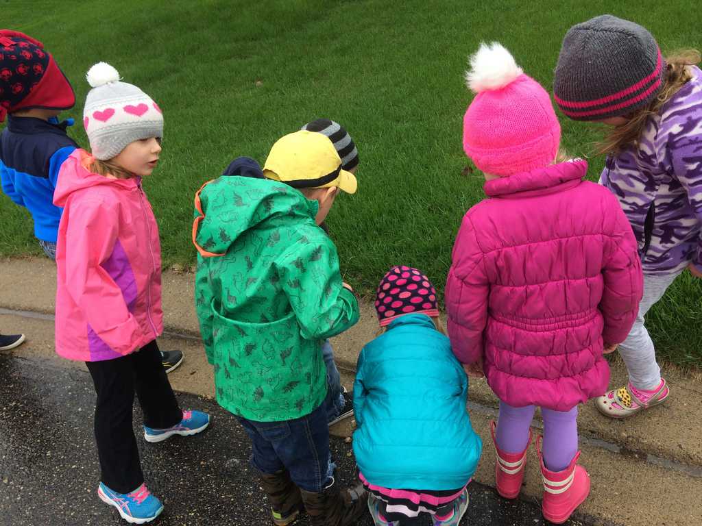 group of young kids outside looking at curb