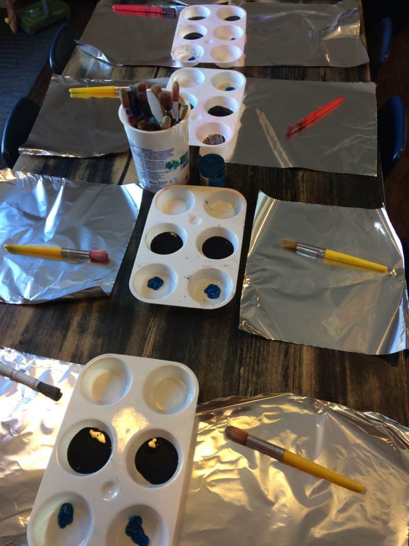 foil painting supplies laid out for sensory art